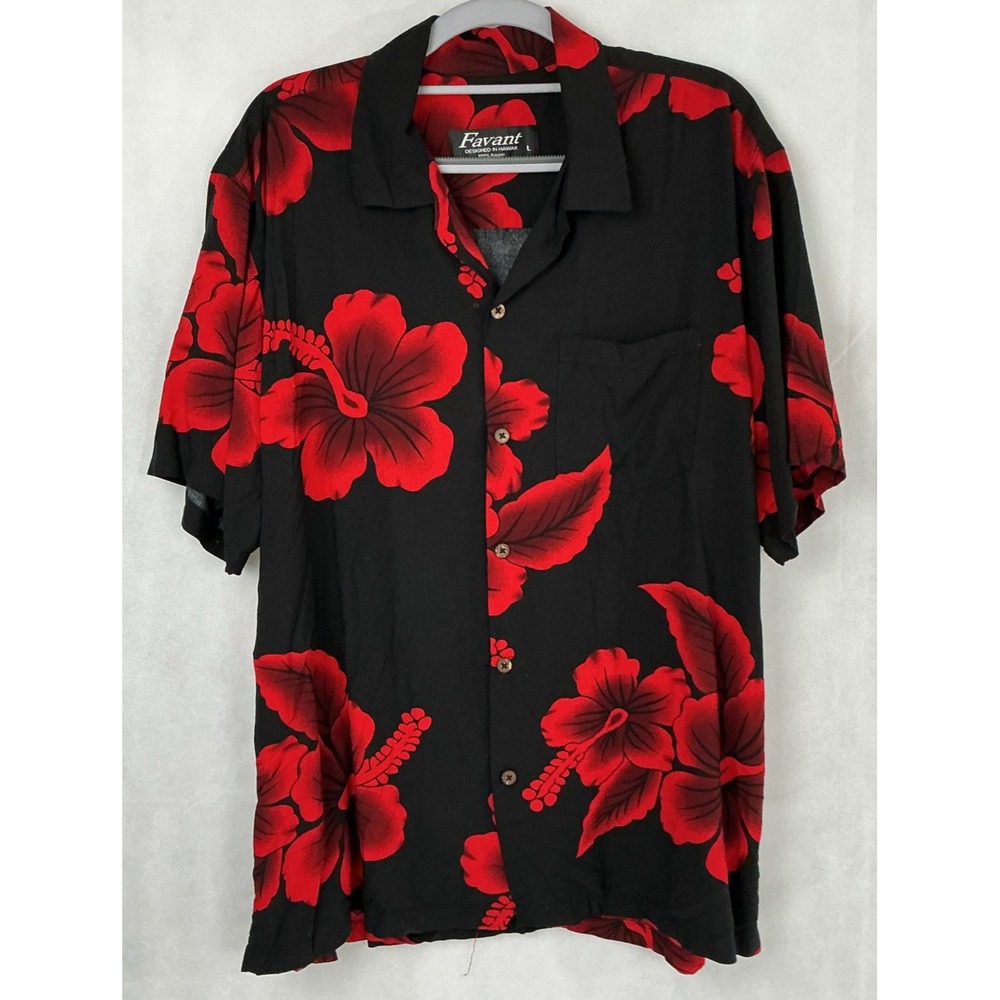 Favant Hawaiian Shirt Mens Large Black Red Floral Rayon Beach Aloha Button Up